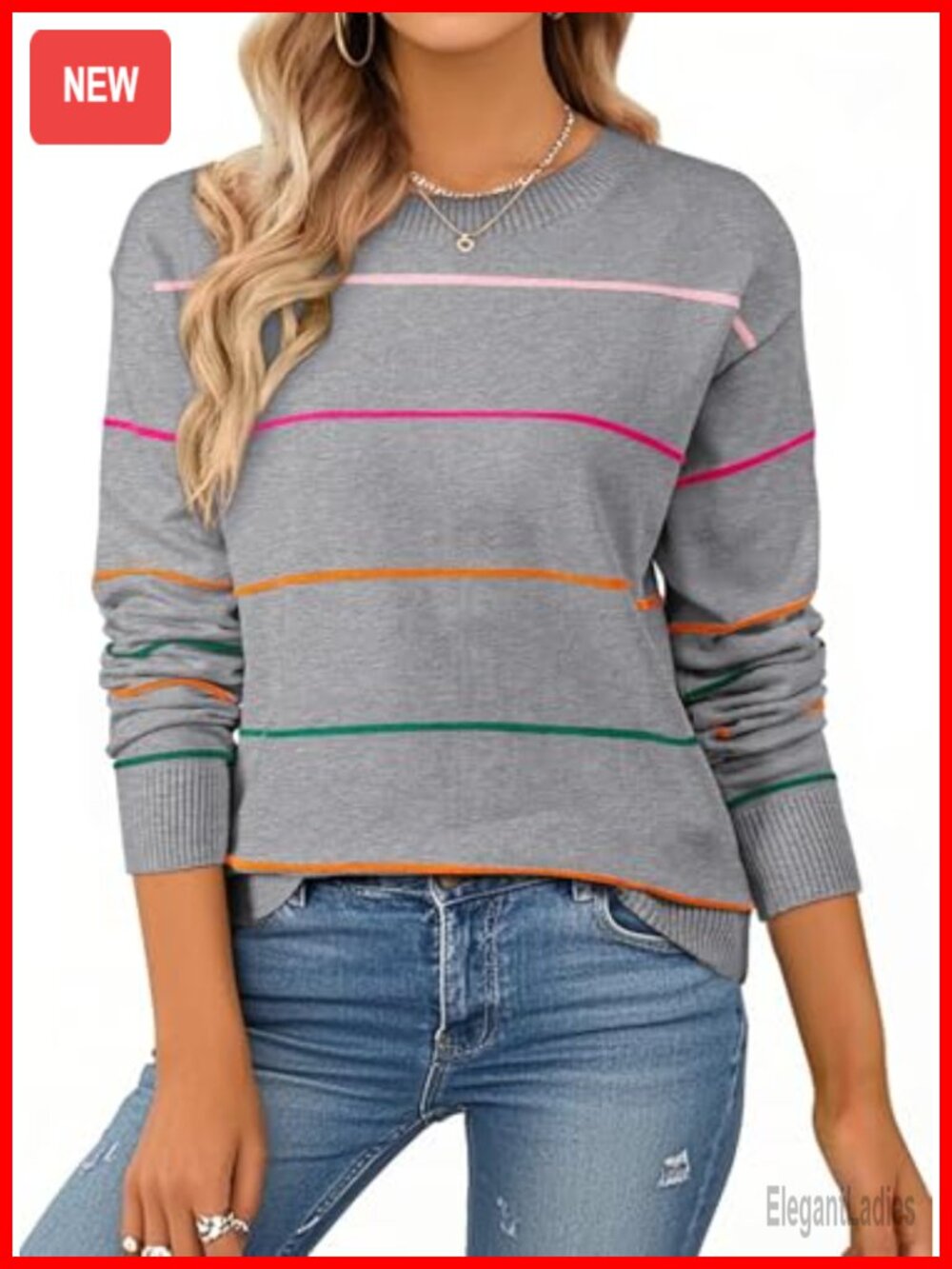 Womens Striped Crew Neck Knit Sweater Loose Fit Long Sleeve Pullover